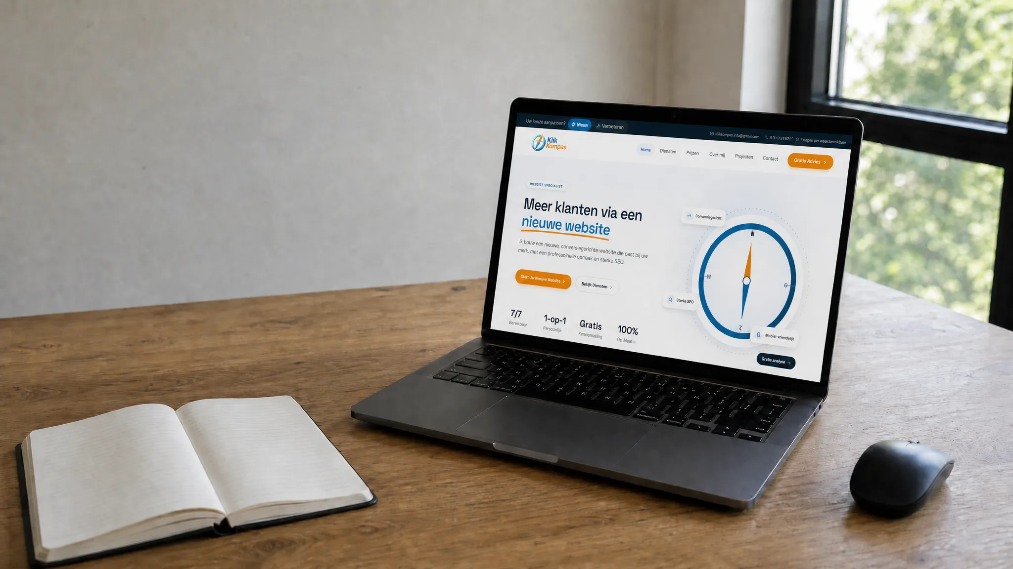 Website laten maken bij Klik Kompas, een nieuwe website op een laptop